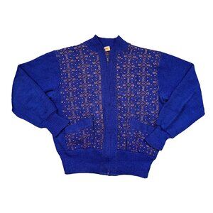 Vintage 50s 60s Bradman Zip Cardigan Blue Geometric Atomic Knit Sweater Jacket